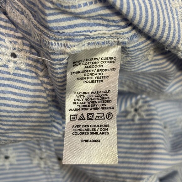 LOFT Top XL Blue White Striped Eyelet Embroidered Flutter Sleeve Button-Front - Picture 11 of 11